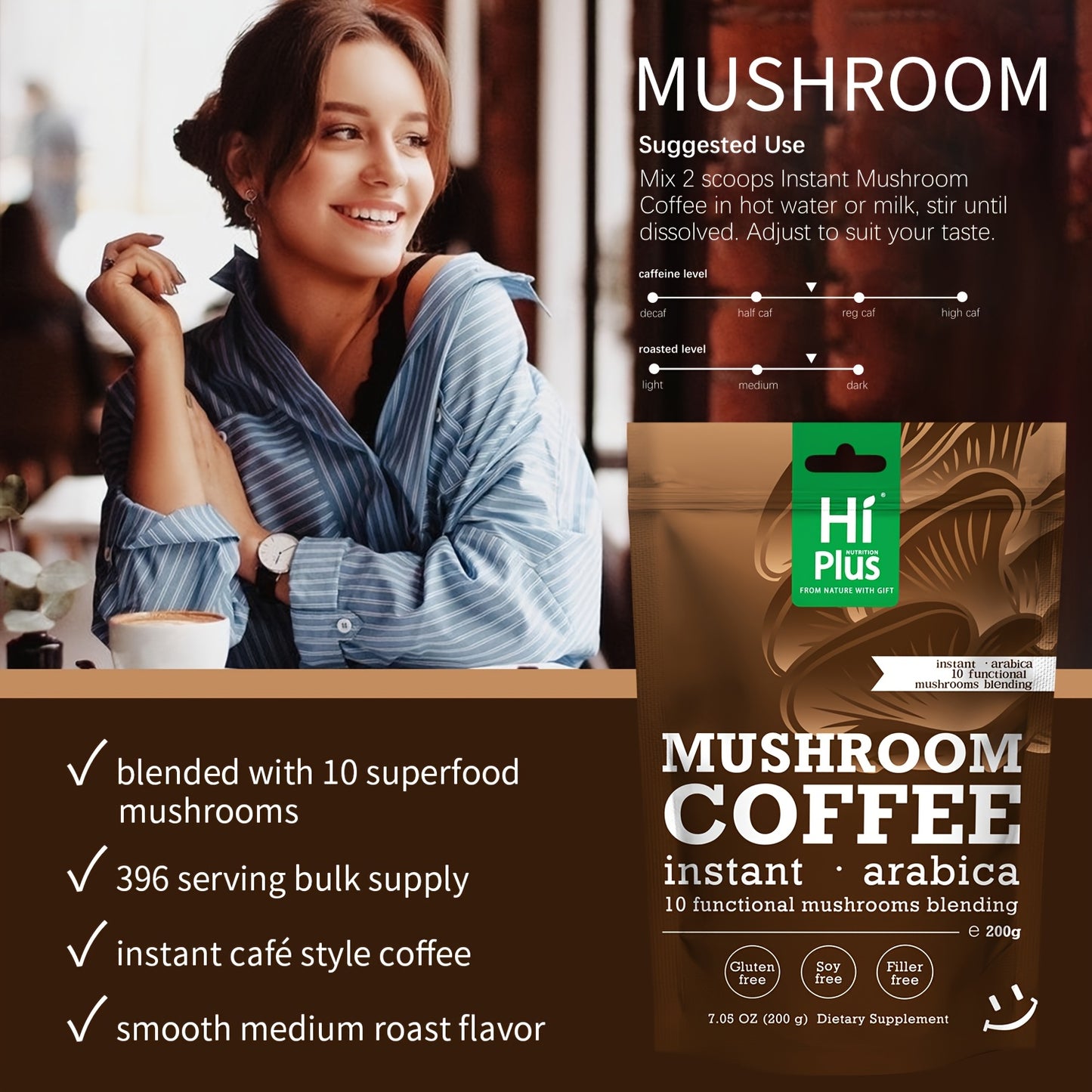 10-in-1 Mushroom Coffee Powder, 14oz – Immune & Energy Boost